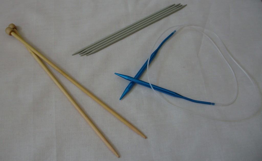 Wood, Plastic and Aluminum needles shown in different styles; straight, double pointed and circular.